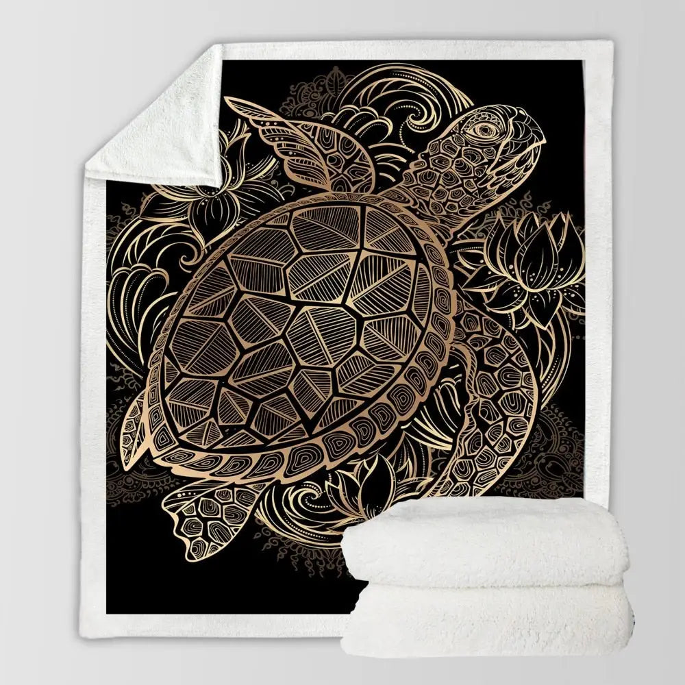 Ornate Golden Sea Turtle design on soft fleece blanket with lotus flowers and waves