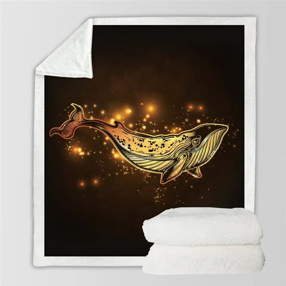 Mystical golden whale swimming among stars on Golden Lotus sherpa fluffy fleece blanket