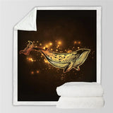 Mystical golden whale swimming among stars on Golden Lotus sherpa fluffy fleece blanket