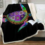 Colorful mandala sea turtle design on a Golden Lotus fluffy fleece throw blanket