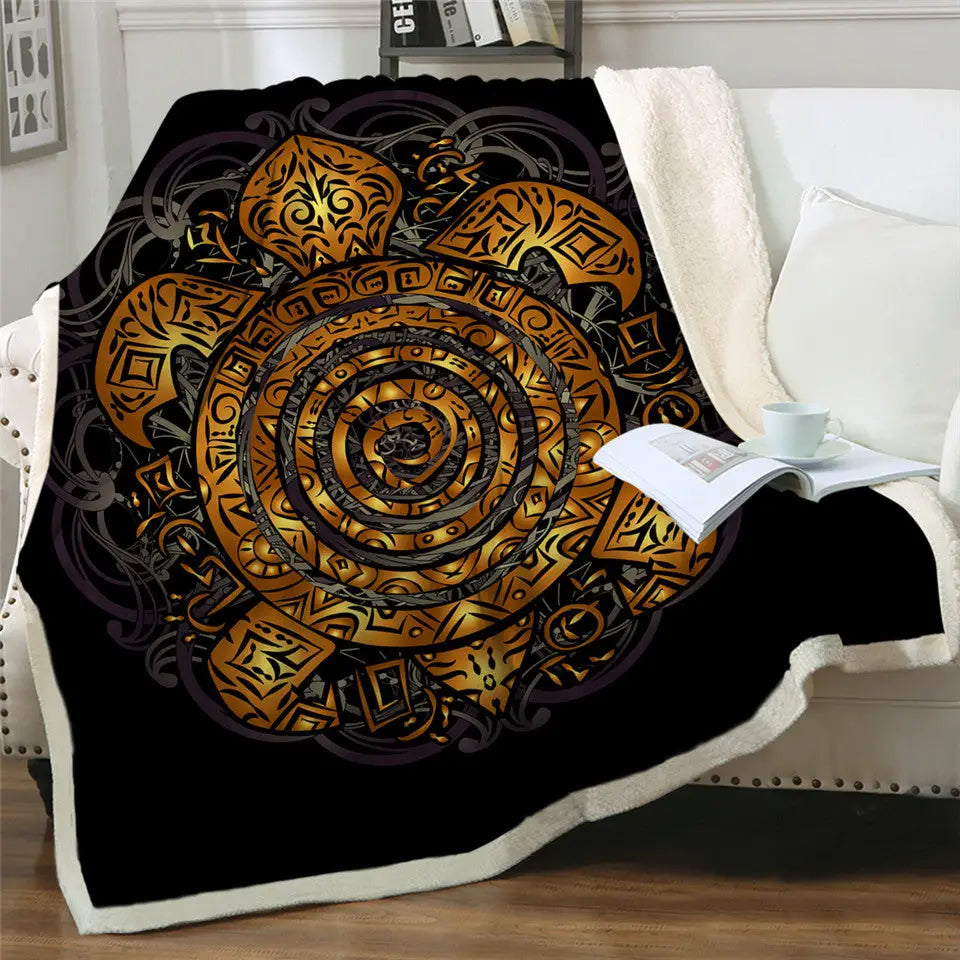 Black sherpa fluffy fleece blanket with golden spiral mandala and tribal designs