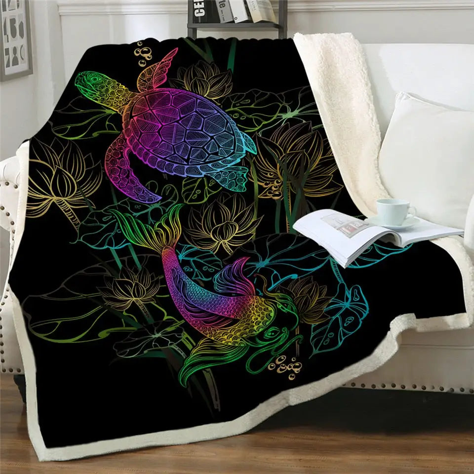 Sherpa fluffy fleece blanket with colorful koi fish and lotus flowers on black background