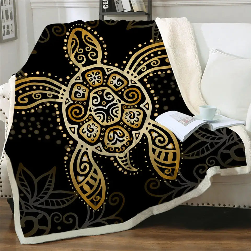 Decorative black sherpa fluffy fleece blanket with golden mandala sea turtle design