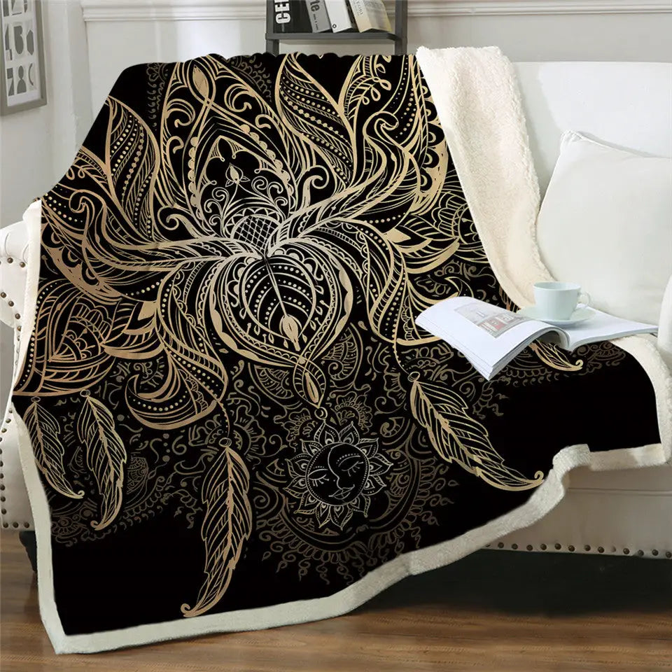 Plush sherpa fluffy fleece blanket with ornate golden mandala on black background