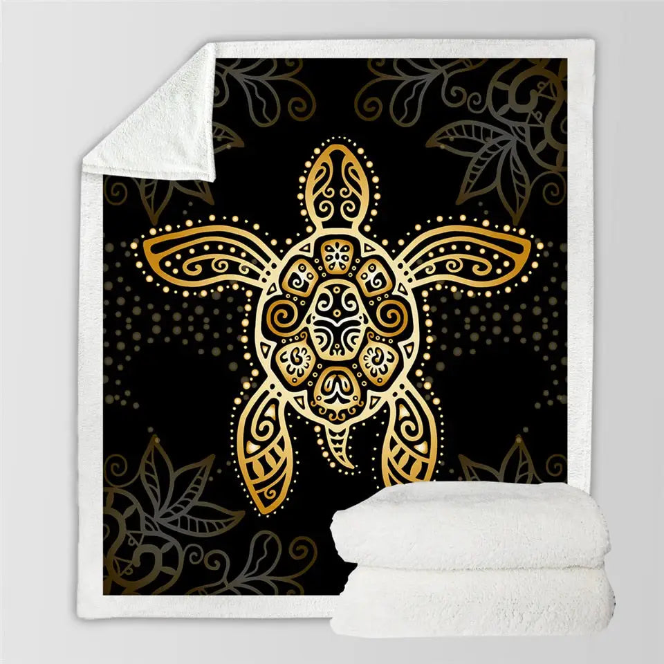 Decorative golden sea turtle with tribal patterns on soft sherpa fluffy fleece blanket