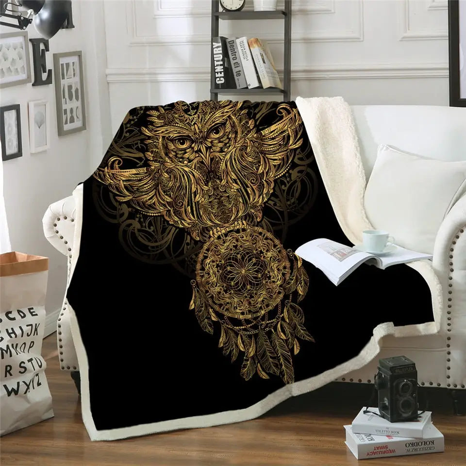 Decorative black throw blanket with golden mandala design from Golden Lotus Sea Turtle’s sherpa fluffy fleece