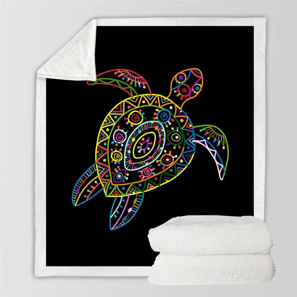 Colorful sea turtle with tribal patterns on soft sherpa fluffy fleece blanket