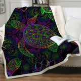 Colorful Golden Lotus Sea Turtle fluffy fleece blanket with mandala patterns