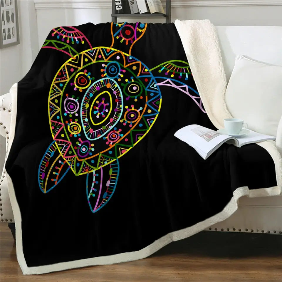 Black sherpa fluffy fleece blanket with colorful tribal sea turtle design