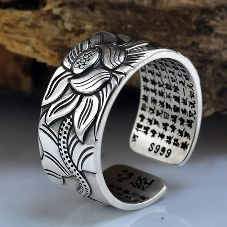 Sterling silver Good Luck Lotus Buddha Ring with carved patterns and engraved scripture