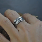 Sterling silver Good Luck Lotus Buddha Ring with engraved floral and leaf pattern