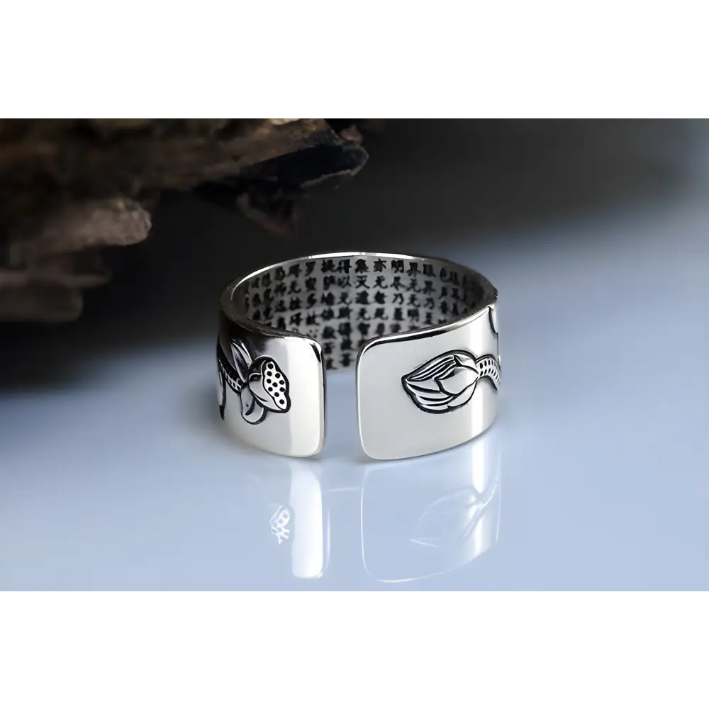 Silver adjustable Good Luck Lotus Buddha Ring with butterfly and lip engravings