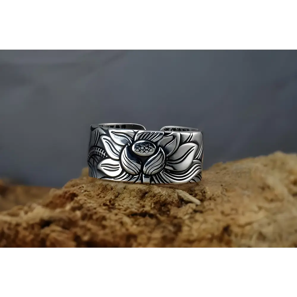 Silver ring with engraved floral pattern and lotus design, Good Luck Lotus in Sterling Silver