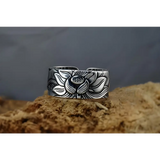 Silver ring with engraved floral pattern and lotus design, Good Luck Lotus in Sterling Silver