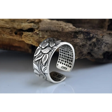 Ornate Good Luck Lotus Buddha Ring in S999 Solid Sterling Silver with floral patterns