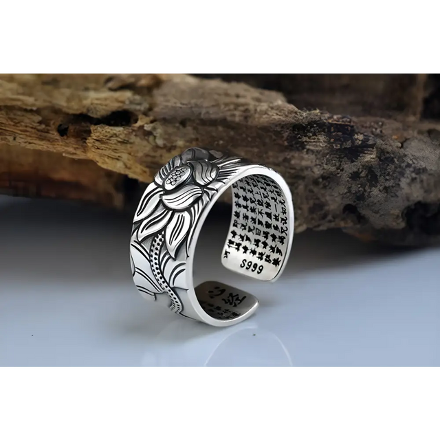 Ornate Good Luck Lotus Buddha Ring in S999 Solid Sterling Silver with floral patterns