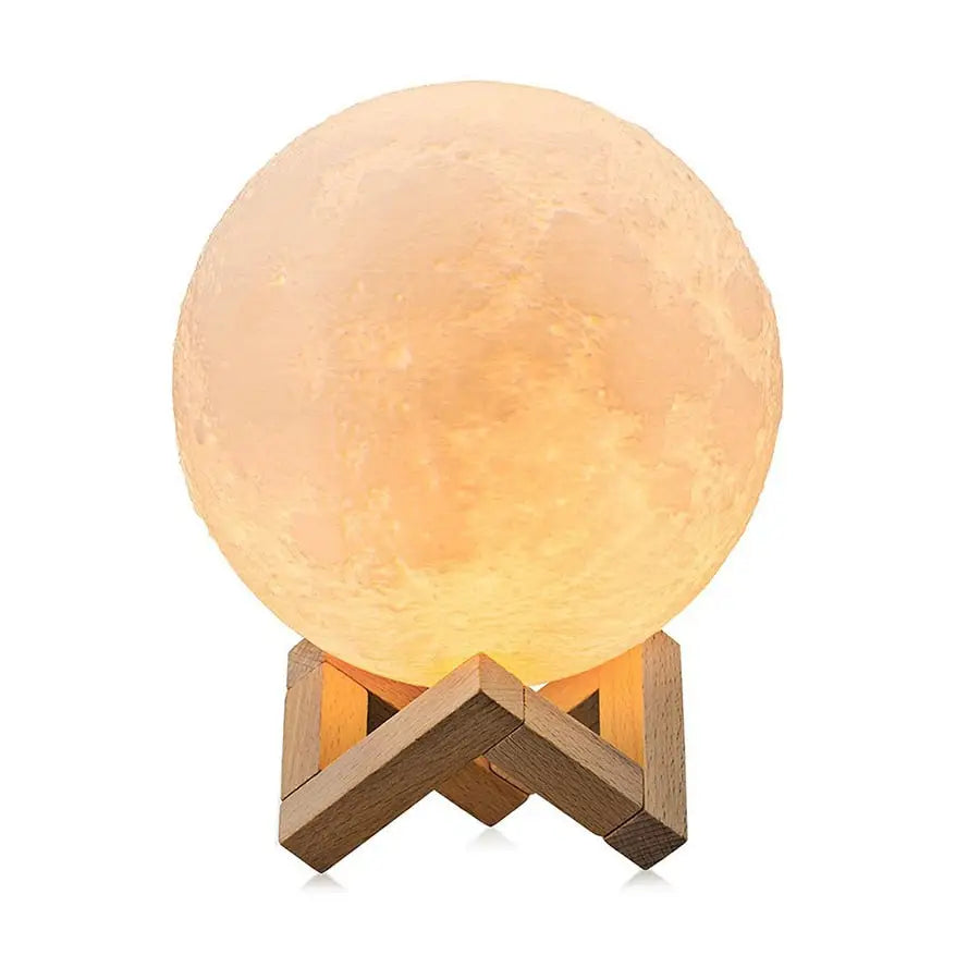 Moon lamp night light on a wooden stand adding warmth to any room decor