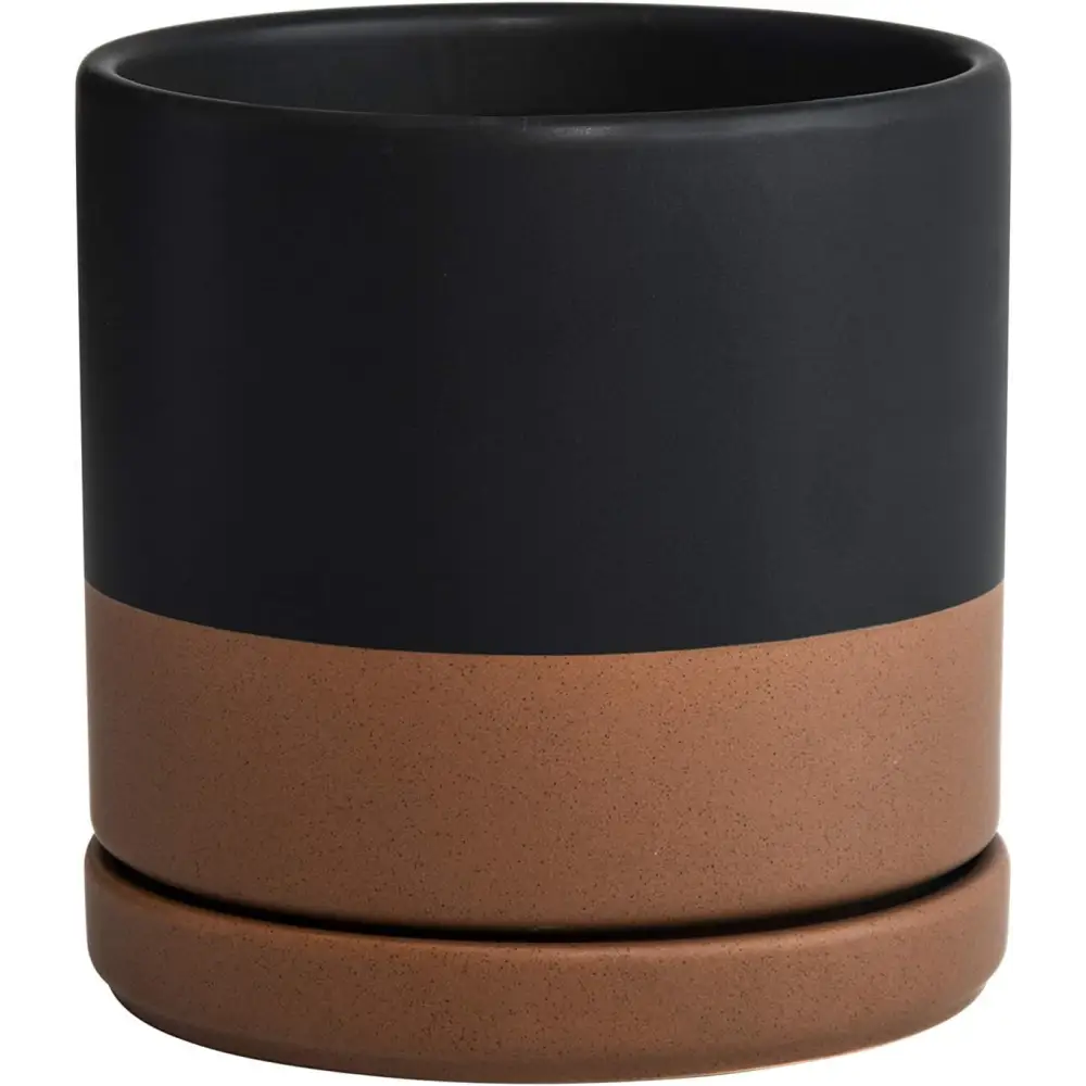 Matte black and terracotta ceramic planter pot with drainage hole for Green Fern