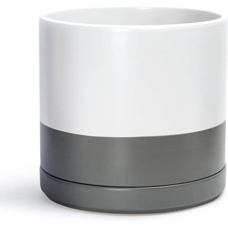 Two-toned ceramic planter pot with drainage hole, featuring a white top and gray base