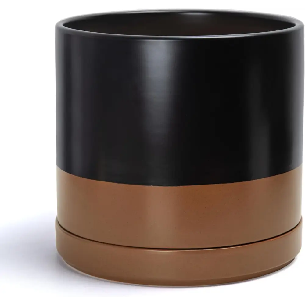 Two-toned black and brown ceramic planter pot with drainage hole and matching saucer