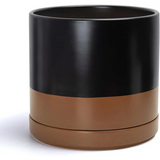 Two-toned black and brown ceramic planter pot with drainage hole and matching saucer