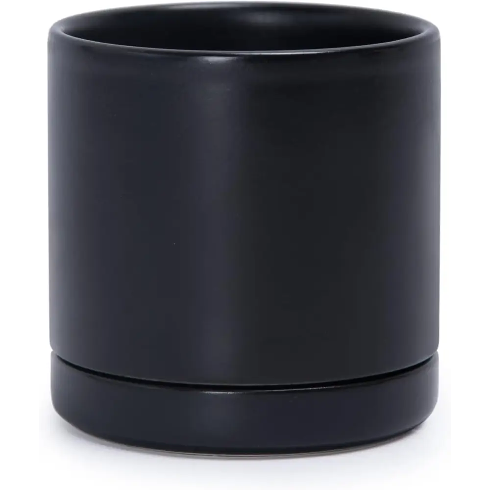 Matte black ceramic planter pot with drainage hole featuring a Green Fern