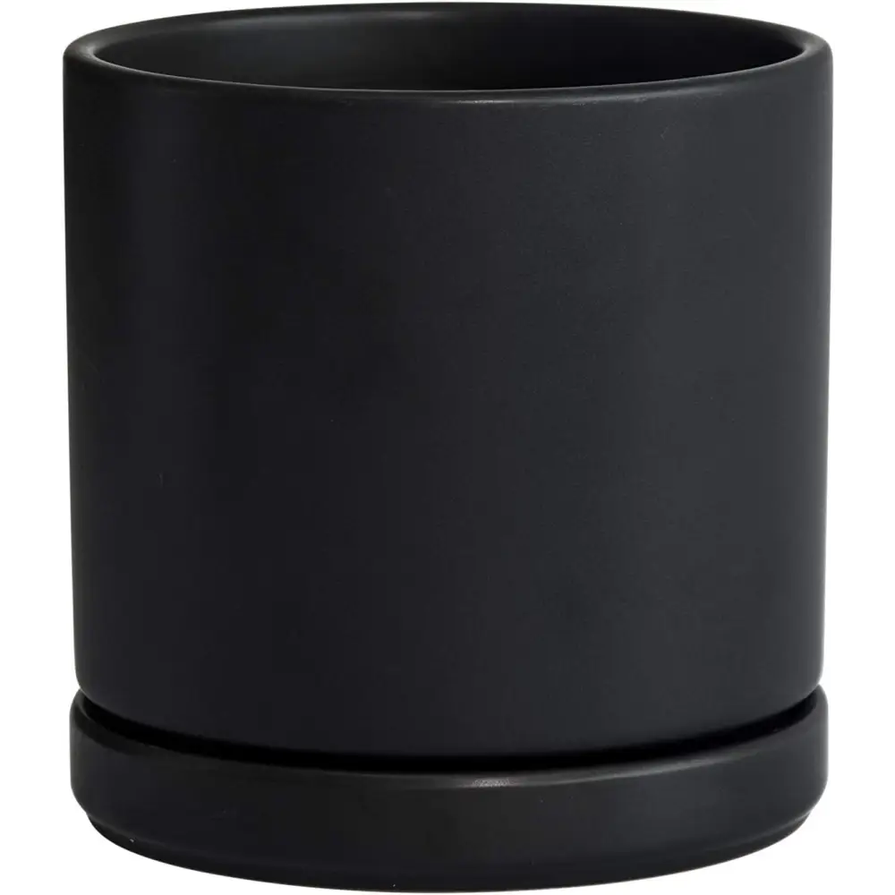 Matte black ceramic planter pot with drainage hole, featuring a Green Fern plant