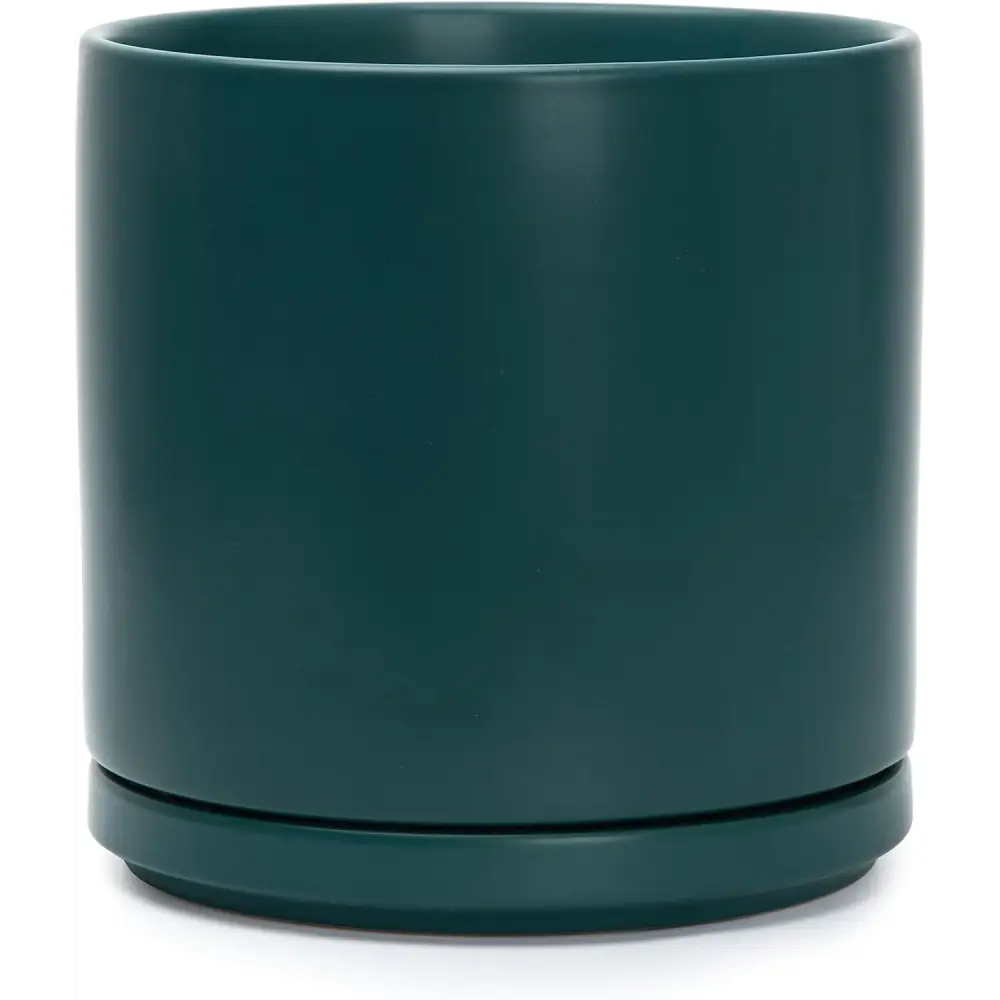 Dark green ceramic planter pot with drainage hole and attached saucer for indoor plants