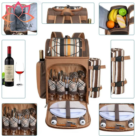 Brown leather Hap Tim picnic backpack with wine glasses and utensil storage compartments