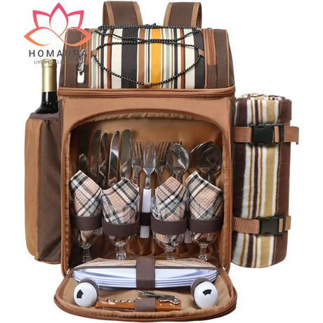 Hap Tim Picnic Backpack with built-in utensils, plates, wine holder, and blanket