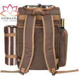 Brown Hap Tim Picnic Backpack cooler with blanket roll and wine bottle holder