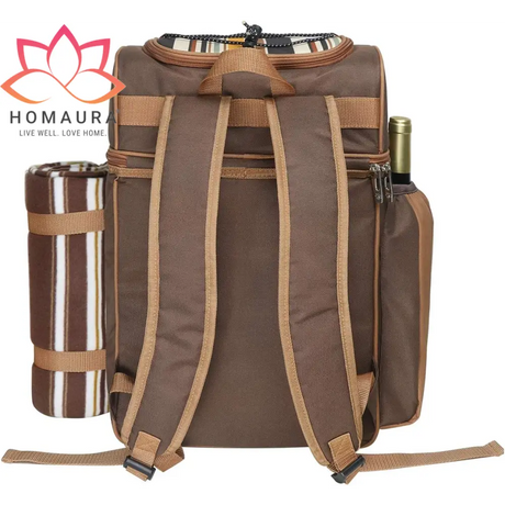 Brown Hap Tim Picnic Backpack cooler with blanket roll and wine bottle holder