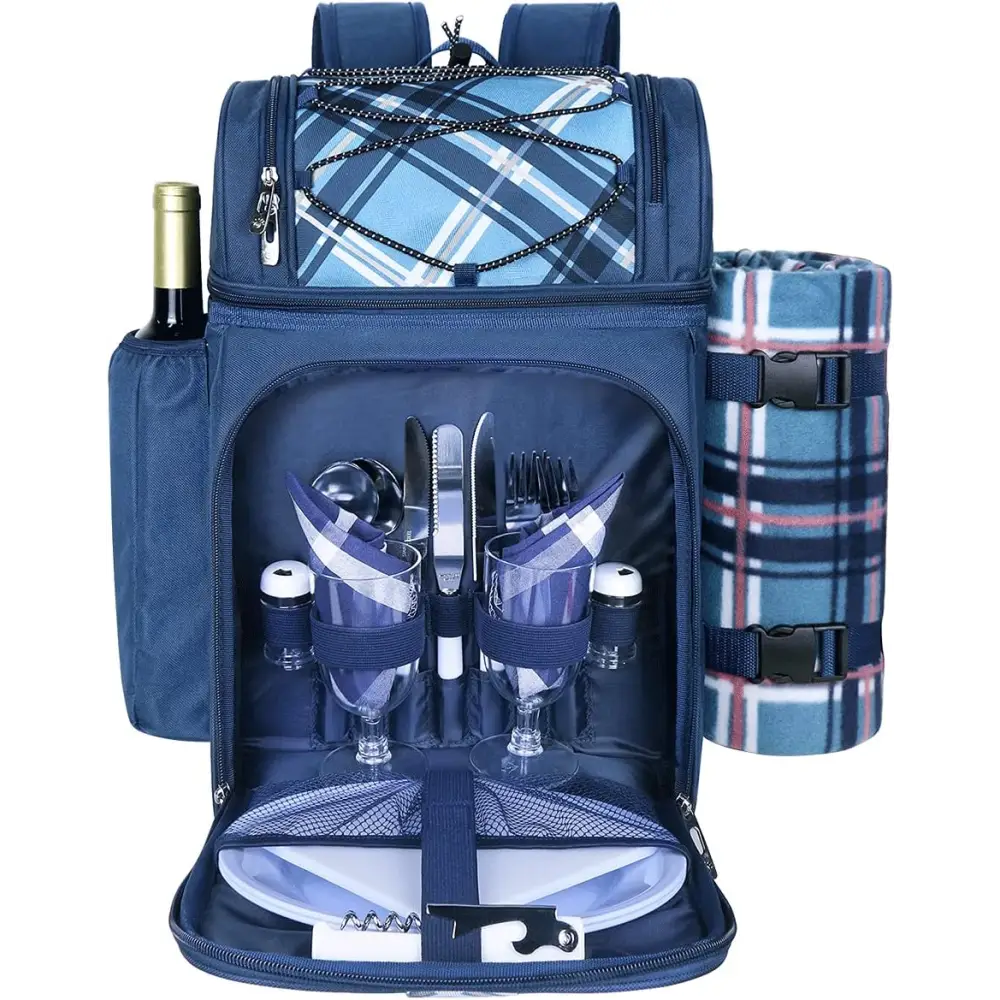 Navy blue Hap Tim picnic backpack with dining set and plaid blanket attached