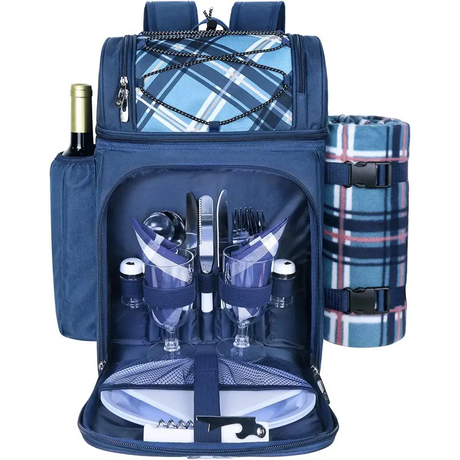 Navy blue Hap Tim picnic backpack with dining set and plaid blanket attached