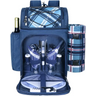 Navy blue Hap Tim picnic backpack with dining set and plaid blanket attached