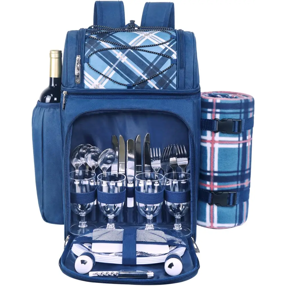 Blue Hap Tim Picnic Backpack with utensils, wine holder, and plaid blanket