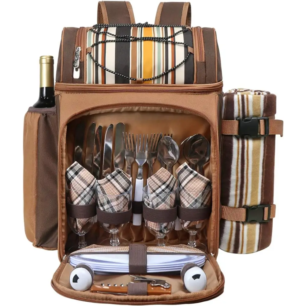 Hap Tim Picnic Backpack set with utensils, plates, and blanket in brown striped design