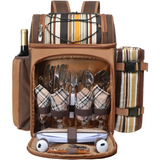 Hap Tim Picnic Backpack set with utensils, plates, and blanket in brown striped design