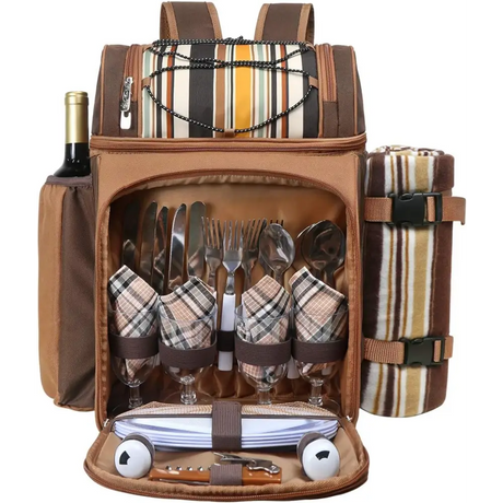 Hap Tim Picnic Backpack set with utensils, plates, and blanket in brown striped design