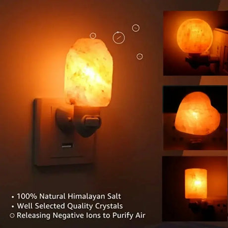 Glowing Himalayan Salt Lamp with warm white glow plugged into an outlet for ambiance