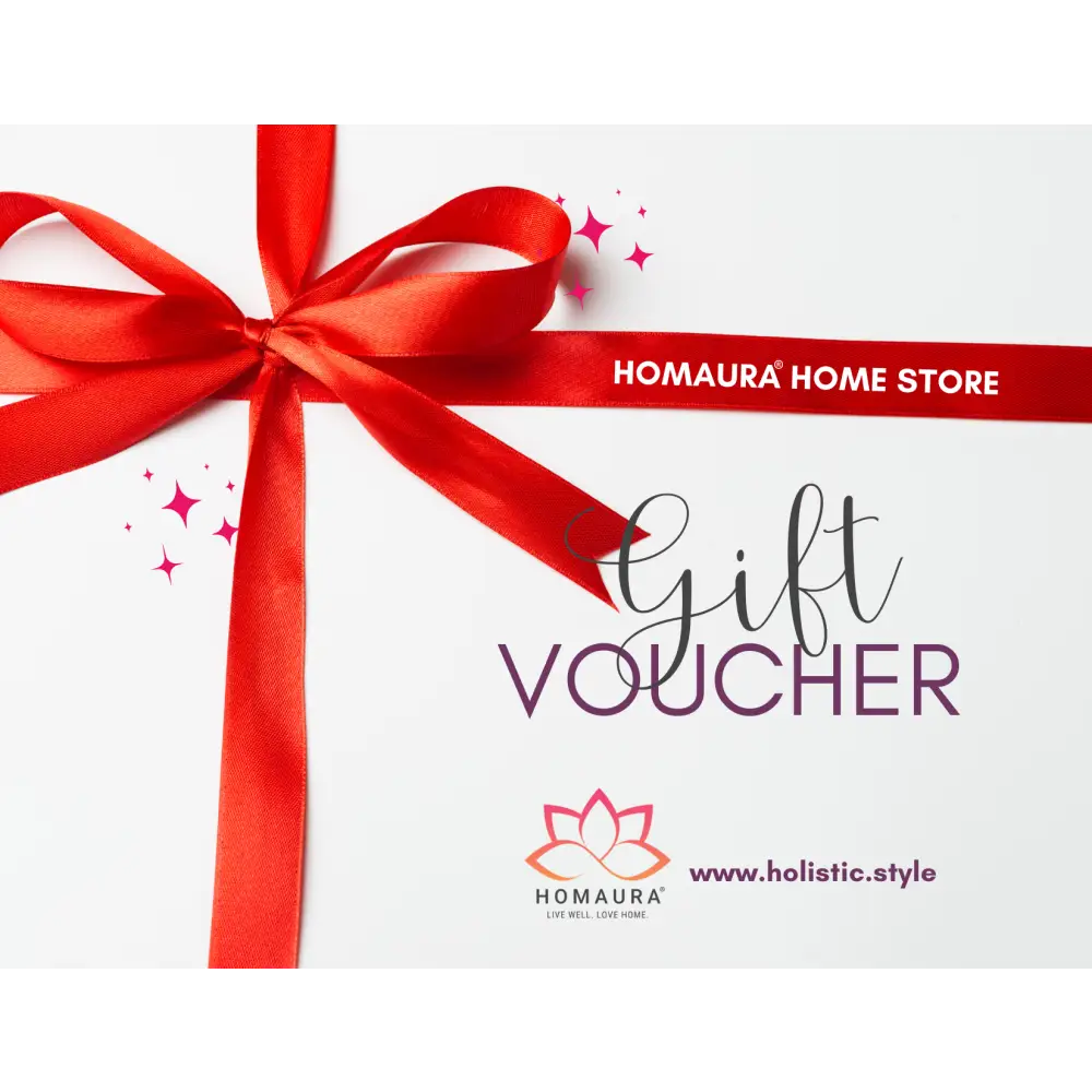 Gift voucher with red ribbon and Homaura Home Store branding for home decor gifts