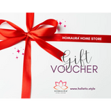 Gift voucher with red ribbon and Homaura Home Store branding for home decor gifts