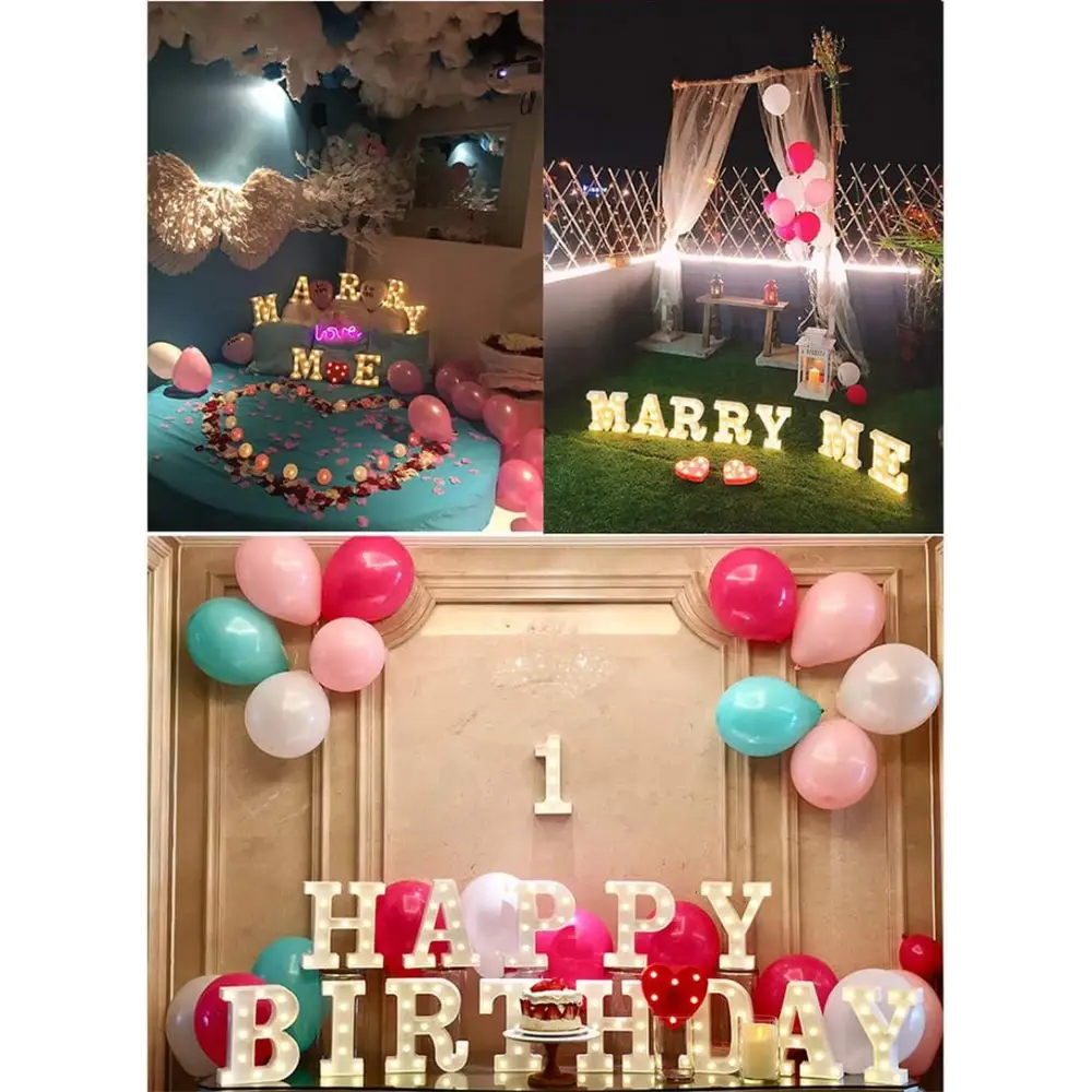 Collage of illuminated marquee letters and balloons for Happy Birthday celebrations