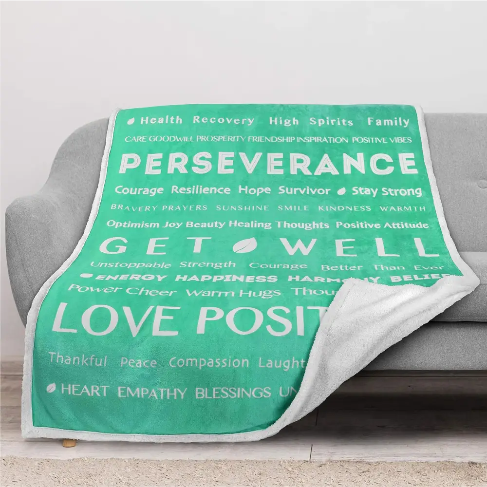 Teal Inspirational Words Healing Fleece Blanket showcasing love and perseverance