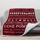 Red and white healing fleece blanket with inspirational words for comfort and support