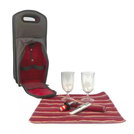 Insulated Grey Red Wine Carrier Tote Bag with Picnic Accessories and Glass Compartments