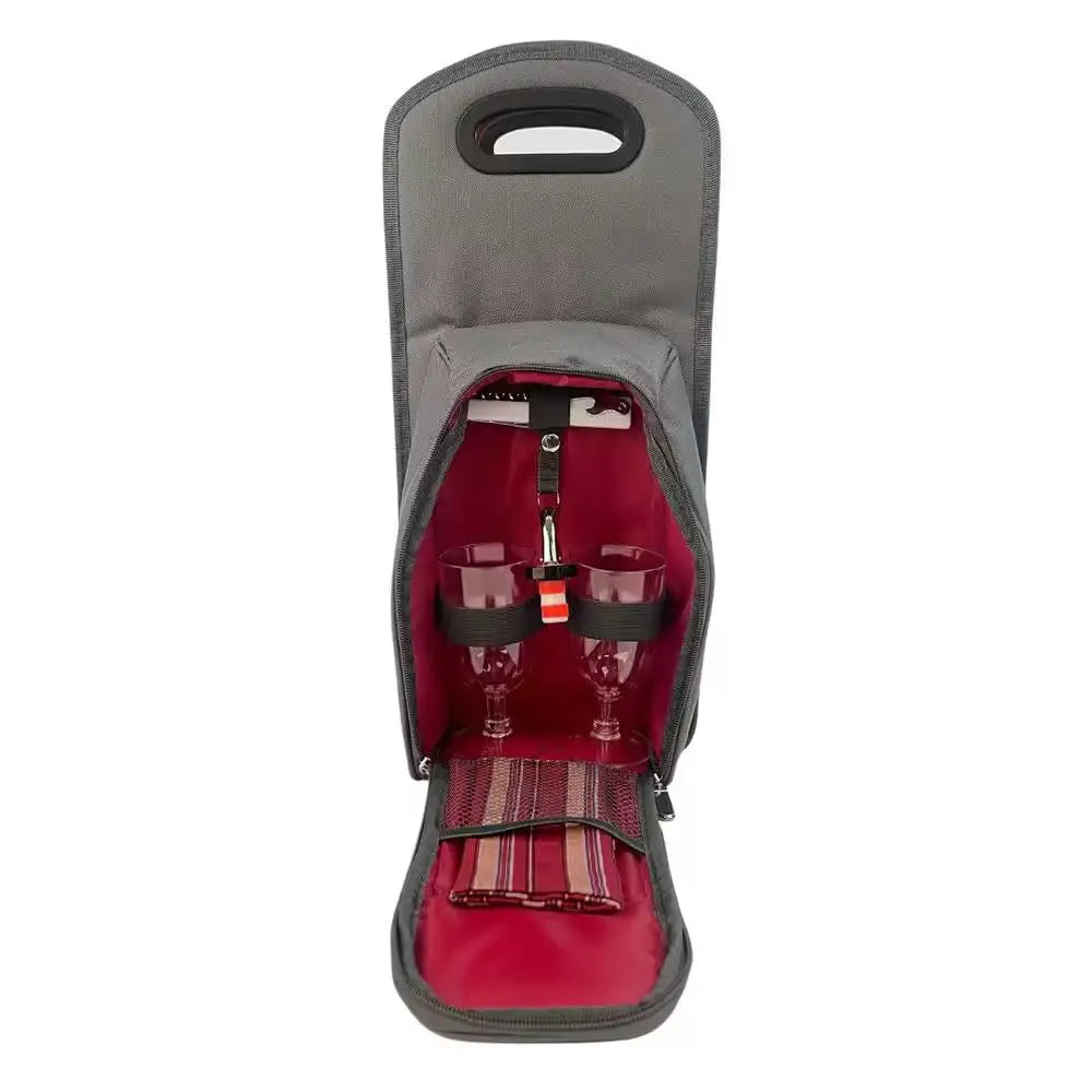 Insulated Grey Red Wine Carrier Tote Bag featuring compartments and red interior lining