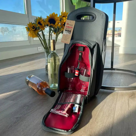 Insulated Grey Red Wine Carrier Tote Bag with padded compartments and picnic accessories