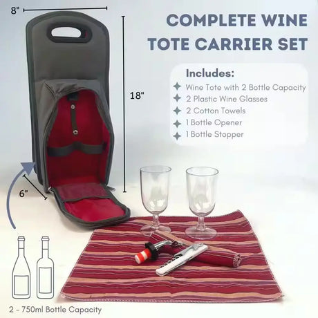 Insulated Grey Red Wine Carrier Tote Bag with red interior and picnic accessories