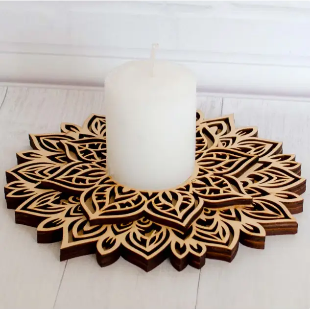 Intricate Mandala Design Wooden Candle Holder with white pillar candle in laser-cut patterns